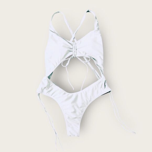 Women 1 Piece Summer Hollow Sexy Bikini with Long Tassel Drawstring Color White - Picture 15 of 16